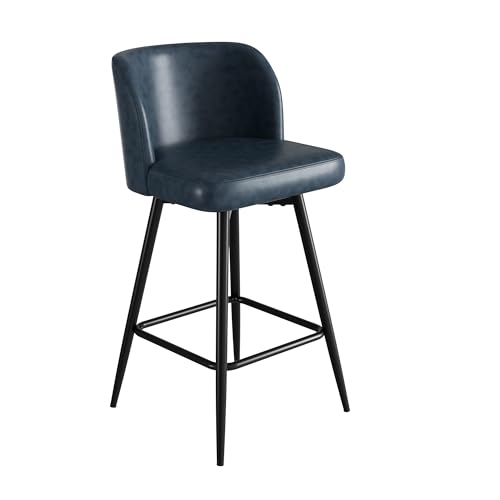 Image of Swivel Bar Stools, 26 inch Counter Height Bar Stools with High Back and Metal Legs, Faux Leather Bar Chairs, Modern Barstools for Kitchen Island, Dark Blue