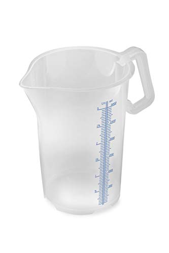 thermohauser Messbecher m. geschlossenem Griff, 3000 ml, Kunststoff PP, blaue Skala in Litern und Millilitern, Klar – Ansicht 1