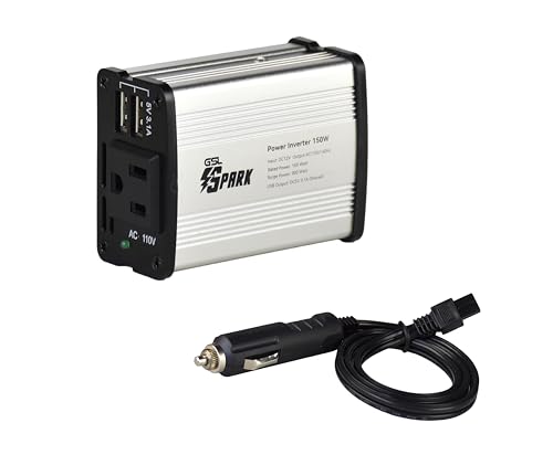 GSL Spark Power Inverter DC 12V to AC 110V 60Hz 150W Rated Power 300W Surge Power with Dual USB Output with Heavy Duty Cigarette Lighter Plug Cable.