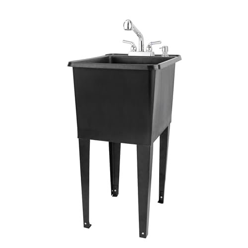 Image of Space Saver Utility Sink by JS Jackson Supplies, Pull-Out Faucet, Soap Dispenser, Black Tub (Chrome)