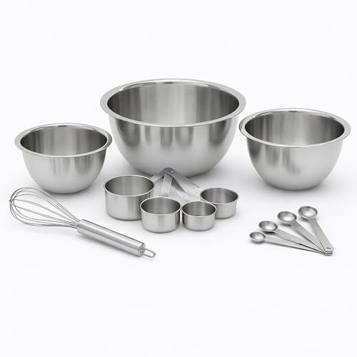 Aanya Homecraft Stainless Steel Baking Set (Starter Kit) | Mixing Bowls, Measuring Cups, Measuring Spoons & Whisk | Complete Baking Tools Set for Kitchen | Silver