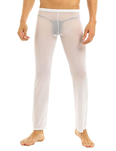 iEFiEL Mens Mesh See Through Home Lounge Pants Nightwear (L, White)