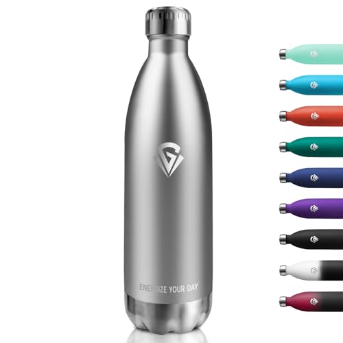Botella Agua Acero Inoxidable 1L, Botella Termica sin BPA, Termo Reutilizable, Cantimplora a Prueba de Fugas, Cantimplora Termica para Niños, Adultos, Escuela, Oficina, Gimnasio, Deporte, Viajes