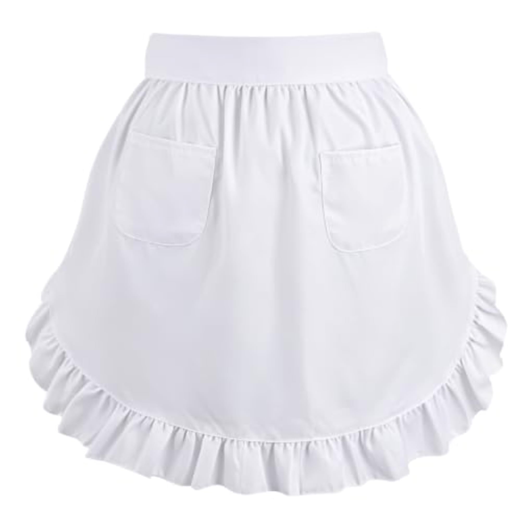 White Waist Apron with Pockets for Women, Maid Half Apron with Ruffle