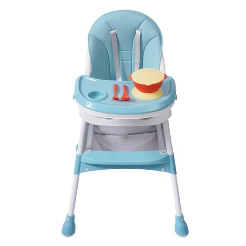 Trona para niños con cinturón de seguridad, plegable 2 en 1, doble palé, altura ajustable, silla para bebé con 1 juego de cubiertos para 6 meses a 6 años