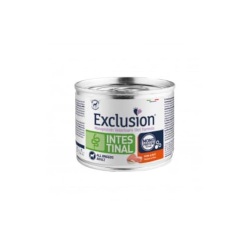 Exclusion Intestinal small umido cane MAIALE e RISO, alimento completo per cani di taglia piccola con patologie intestinali | 6 lattine da 200 grammi l’una.