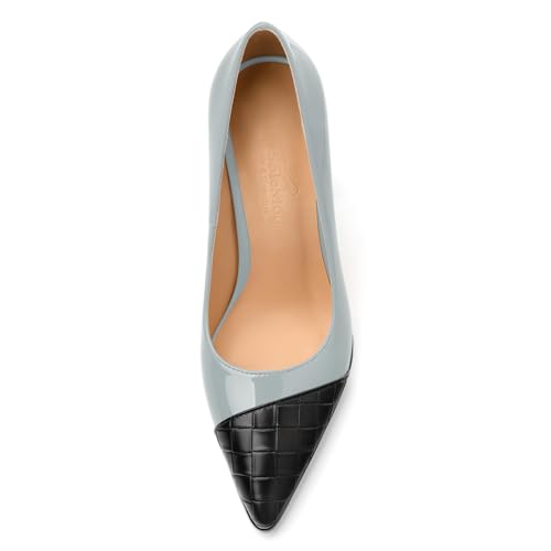 Womens Heeled Pumps, Pointed Toe High Chunky Heel Pupms for Women, Leather Insole Splicing Toe Pumps for Working, Wedding and Party 3.5"3