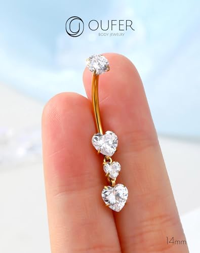 OUFER Body Piercing Titanium Internally Belly Bars Navel Piercing 14G Belly Button Bars Gold Navel Piercing Jewellery Heart Dangle Belly Button Ring Piercing Nombril – vue 3