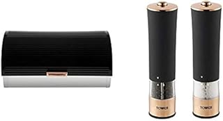 Tower Bread Bin, Linear Collection, Roll Top Lid, Stainless Steel, White and Rose Gold, 19 x 38 x 27 cm