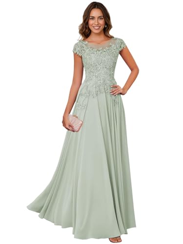 Image of Lace Applique Chiffon Mother of Bride Dresses - Short Sleeve Pleated Long Mother of The Groom Dress