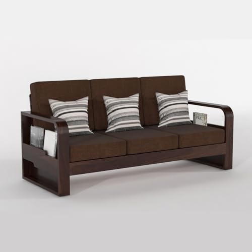 Image of Solid Sheesham Wooden 3 Seater Sofa for Living Room | Sofa with Side Pocket Storage & Cushion | Rosewood Sofa Set for Home (Walnut with Brown Cushion, 3 Seater)