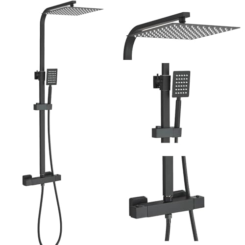 Image of Thermostatic Shower Mixer Set,Dual Rainfall Heads & Hose,Bar Set with Rainfall Shower Head and Hand Shower,Adjustable Riser Rail Kit (Matte Black)