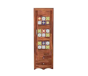 Craftswood Wood Single Door Wardrobe for Bedroom | Wooden Almirah for Home with 2 Drawers & Multiple Utility Storage | Cupboard Organiser | Clothes Organizer | Rosewood, with Tiles, Honey Finish