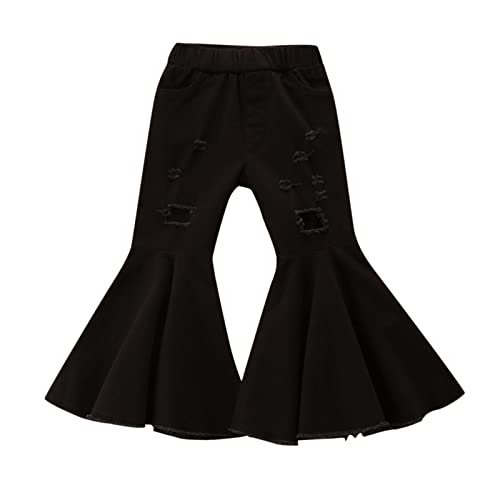 Girls Ripped 𝐑uffle Flare Pant Wide Leg Elastic High Waist Bell Bottom Toddler Solid Straight Leg Jean with Poket