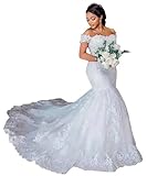 Fanciest Mermaid Lace Bridal Gowns for Bride Off Shoulder Long Wedding Dress for Bride Vintage Wedding Gowns US10 White