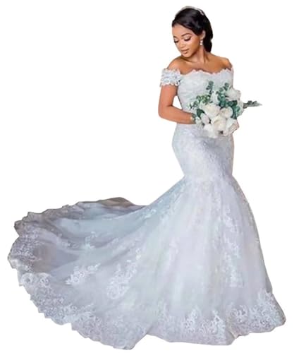 Fanciest Women's Lace Mermaid Wedding Dresses for Bride Long Off Shoulder Bridal Gowns for Women
