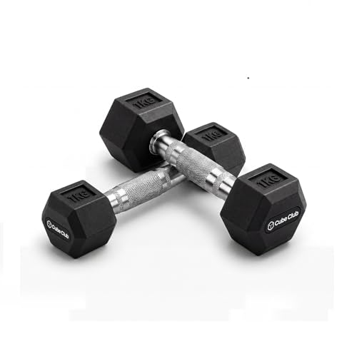 Image of The Cube Club Rubber Encased Hex Dumbbell 2kg Pair (1kg Each) | Rubber Coated Anti-Slip Hex Dumbbells for Home Workout, Strength Training & Fitness Exercises for Men & Women