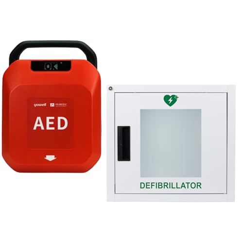 Erste Hilfe Defibrillator & Metallwandkasten mit Alarm für Zuhause/Gewerbe für Laien und Profis mit automatischer Schockabgabe Primedic HeartSave YA, 8 Jahre Garantie des Herstellers, Sprache: DE/EN
