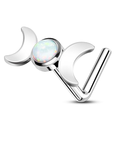 CM Crareesi Mania Nose Stud L Shape Nose Piercing Jewellery 20G/0.8mm Double-Moons & Opal Nose Studs 316l Stainless Steel Silver Nose Rings Nostril Piercing Jewellery for Women