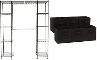 Amazon Basics Expandable Wardrobe and Closet Organiser / Rail with 10 Height-Adjustable Shelves and Foldable Storage Cubes (6 Pack), Black