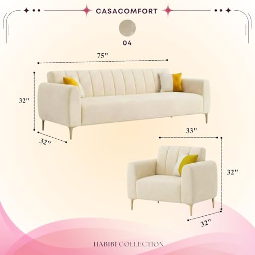 Image of Habibi Rich Velvet Suede 3+1+1 Seater Sofa Set | Spacious Soft Touch Comfort Seating | 5 Person Seating | Modern Living Room Sofa Set (Cream)