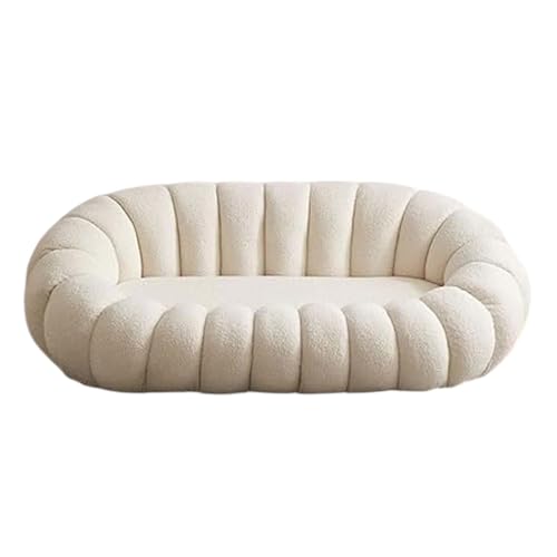 Image of CRAFTCITY Pumpkin Style Wooden Sofa | Contemporary Wool Sofa with Swen Pillow Back for Living Room (Beige, 3 Seater)