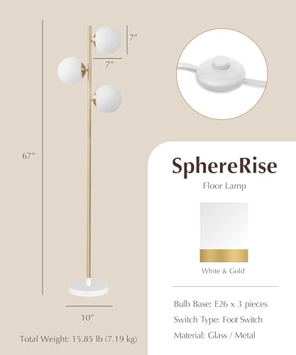 Image of HarvestLand SphereRise Brass Floor Lamp - Modern Globe Floor lamp, Floor Lamps for Living Room, 3-Light Brass Floor lamp with Solid Base, Standing lamp for Living Room Decor, Bedroom & Office