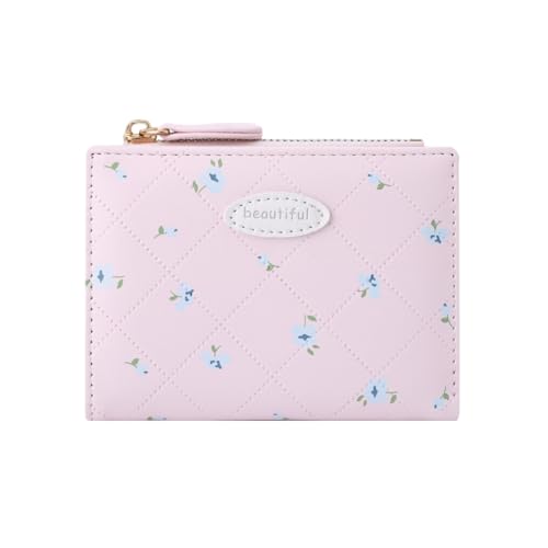 Small Wallet Cute Coquette Floral Print Wallet with Zipper Coin Purse ID Credit Card Holder for Women (PINK)
