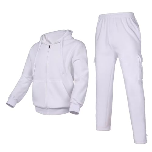 Bellnorth men's tracksuit sets outfit Activewear Full Zip fleece hoodie jacket cargo sweatpant casual sweatsuit 2 piece outdoor sportswear(White,M)