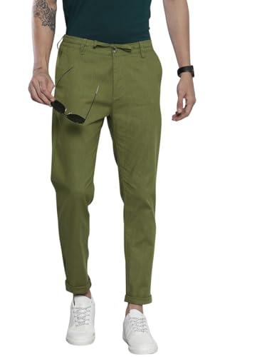 Image of The Indian Garage Co Men Slim Fit Solid Mid-Rise Elasticated Linen Trousers