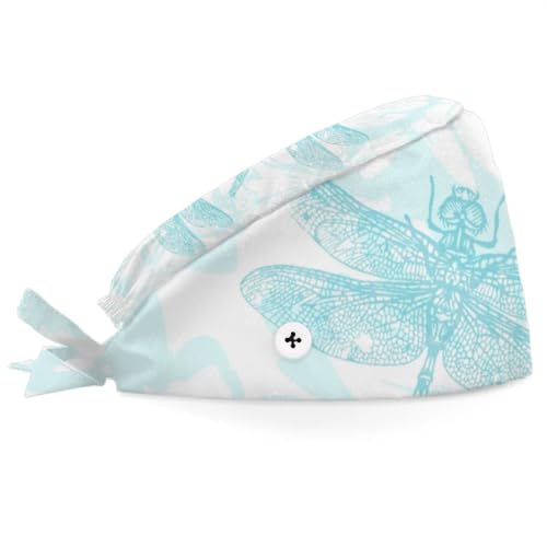 Mularoka Watercolor Flowers Dragonfly Working Caps with Button Sweatband Comfortable Adjustable Bouffant Hats Work Hat for Women Men