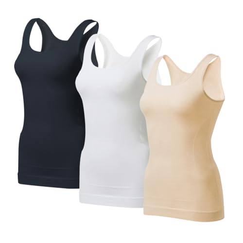 EUYZOU Women's Tummy Control Shapewear Tank Tops - Seamless Body Shaper Compression Top - Black/White/Nude 3pk S