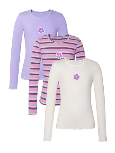 OYOANGLE Girl's Floral Embroidery Ribbed Long Sleeve Tops Lettuce Trim Striped Tees 3 Pack Cute Fall Top