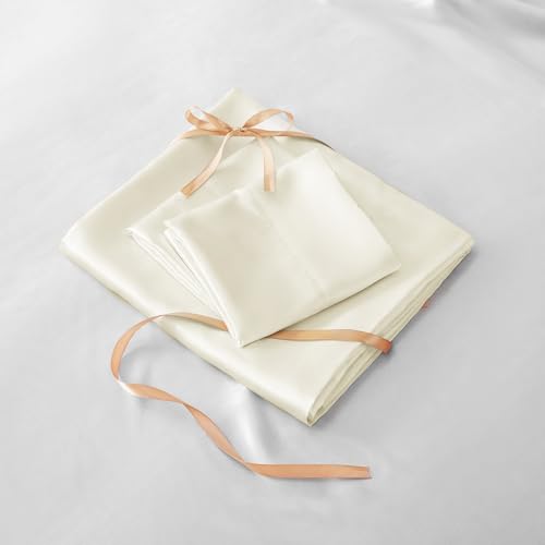 BEDELITE Satin Fitted Sheet and Pillowcases Set, Luxury Soft Similar to Silk Bottom Bedsheet with Elastic Corner Straps, Deep Pocket up to 15 Inch, 1 Fitted Sheet and 2 Pillowcases(Queen, Beige)
