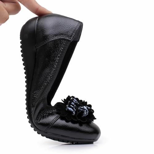 Women's Mom's Genuine Leather Ballet Flats, Sizes 9-10-11 Included, Wide Fit Available, Floral/Bow/Leaf Ornaments, Non-Slip Rubber Sole, Comfortable Slip-On for Seniors2