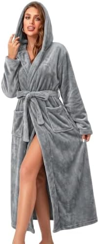 RONGTAI Langer Damen-Bademantel aus Plüsch-Fleece, dick, mit Kapuze, mit Taschen, flauschige Nachtwäsche für Herren