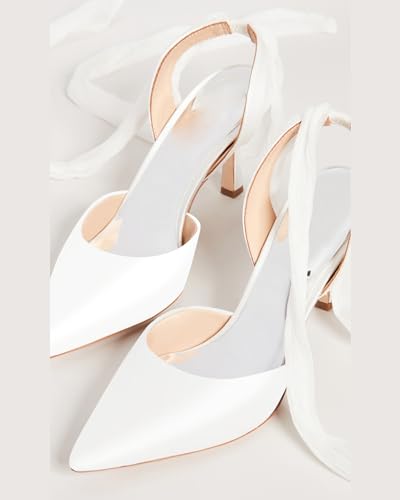 Image of Womens Lace up Satin Heels Bow Pointed Closed Toe Bridal Dress Shoes Low Heel Wedding Elegant Pumps