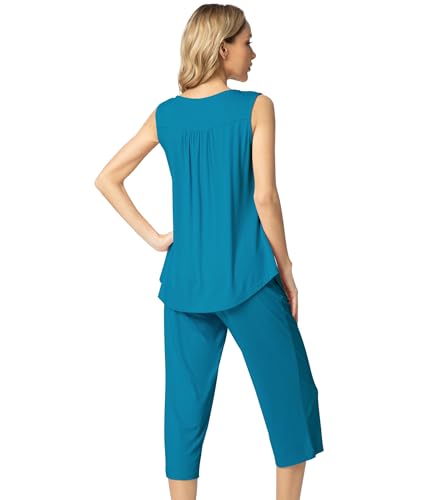 Image of NACHILA Pajamas for Women-Viscose Made from Bamboo, Sleeveless Pjs Top and Capri Pants Pajama Set Cool Pleated Sleepwear