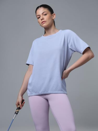 Image of TECHNOSPORT Women Relaxed Fit Cubic Melange Round Neck T-Shirt | Quick Dry Polyester Casual Tee with UPF 50+ UV Protection, Anti-Microbial & Double Cool Technology