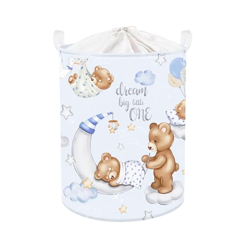 Image of Clastyle 45L Large Blue Sleeping Bear Kid Boy Girl Laundry Hamper with Handle Collapsible Star Moon Clothes Toy Storage Basket with Lid for Nursery