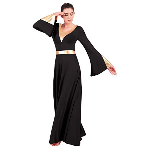 image for OwlFay Women Metallic Color Block Liturgical Praise Dance Dress Bell L
