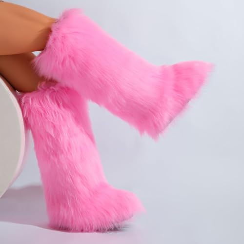 Image of Valpeak Womens Faux Fur Boot Winter Fluffy Long Furry Boots for Girls Outdoor Fuzzy Knee-High Boots(Pink,13)