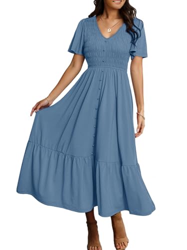 Simplee Womens Summer Smocked Flowy Dress - Casual Flutter Sleeve Tiered Boho Maxi Dresses with Pockets