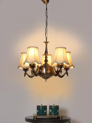 Image of Devansh 05-Light Conical Off-White Cotton Shade Chandelier - Antique Golden Finish | Adjustable Cord | Warm Glow Lamp - Ceiling Light for Living Room, Dining Area, Bedroom & Entryway Decor - D4