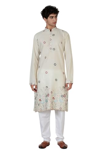 Image of BE ACTIVE Men's Cotton | Regular Fit Casual Mandarin Collar | Long Length Full Sleeves | Embroidered Indian Kurta