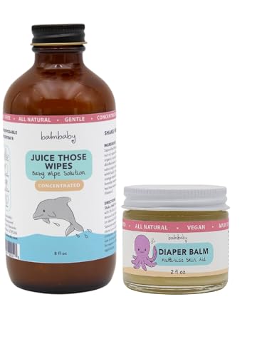 BALM! Baby Juice Those Wipes and Diaper Balm - Cloth Wipes Concentrated Solution + Baby Diaper Rash Balm - All Natural - Cloth Safe - Plastic Free - Glass Containers - Made in USA