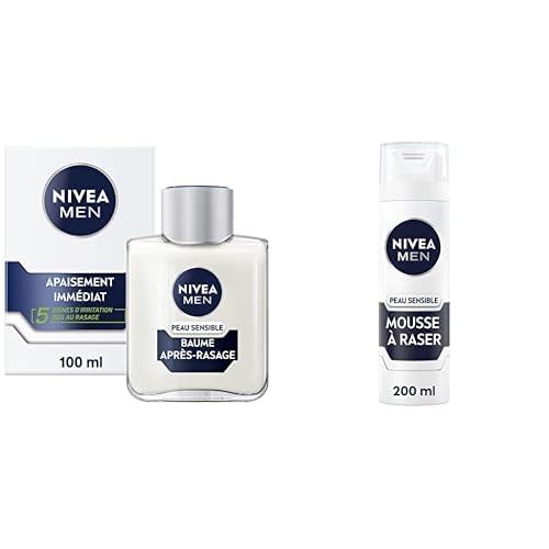 Lot NIVEA MEN Peau Sensible Baume Après-Rasage (1 x 100 ml) + Mousse à Raser (200 ml), crème de rasage enrichie en camomille et en hamamélis, soin rasage 0% alcool...