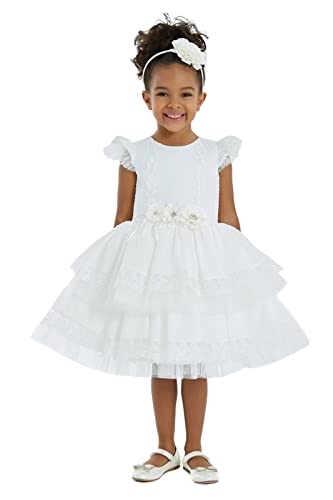 Vestido bordado de manga corta con volantes para niña en un delicado tono crudo