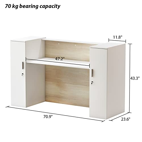 AIEGLE Large Reception Desk with Counter, Retail Counter with Private Lockable Storage & Adjustable Shelves, for Salon Reception Room Checkout Office, Natural and White (70.9" W)