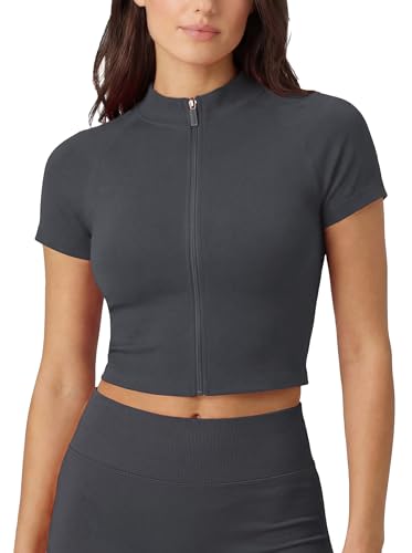 AUROLA Workout Tops for Women Short Sleeve Gym Shirts Seamless Slim Fit Zip Up Yoga Jacket Crop Top Dark Grey M